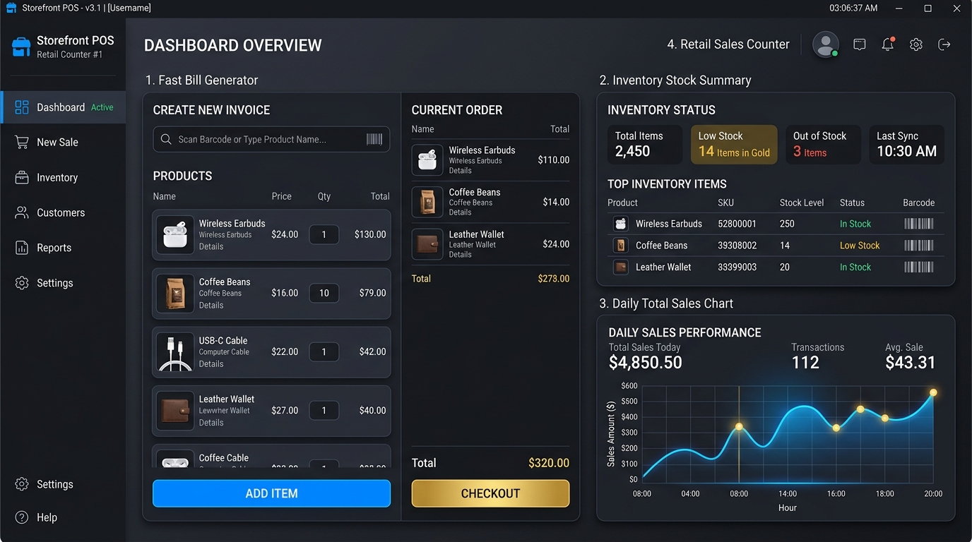 BARQY POS Windows Billing Software Dashboard Mockup